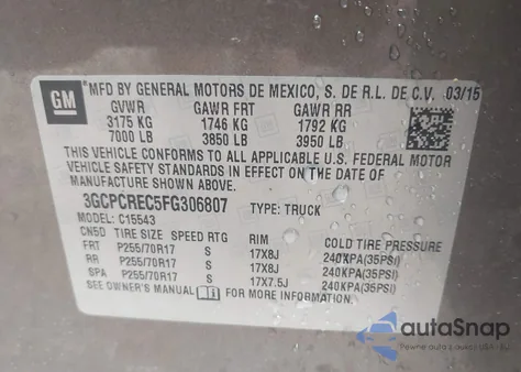 2015 Chevrolet Silverado 1500 1Lt из США, поврежденный, VIN 3GCPCREC5FG306807